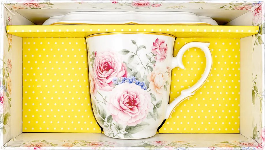Home Elements Porcelánový hrnček 360 ml s podšálkou, Ruža
