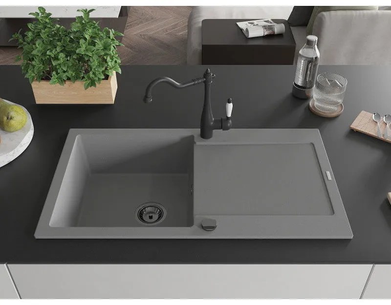 Mexen Leo, granitový drez 900x500x190 mm, 1-komorový a drezová batéria Carla, šedá, 6501-71-670700-70-B