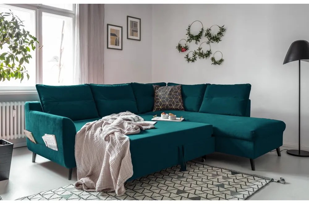 Tyrkysovomodrá zamatová rozkladacia rohová pohovka Miuform Stylish Stan L, pravý roh