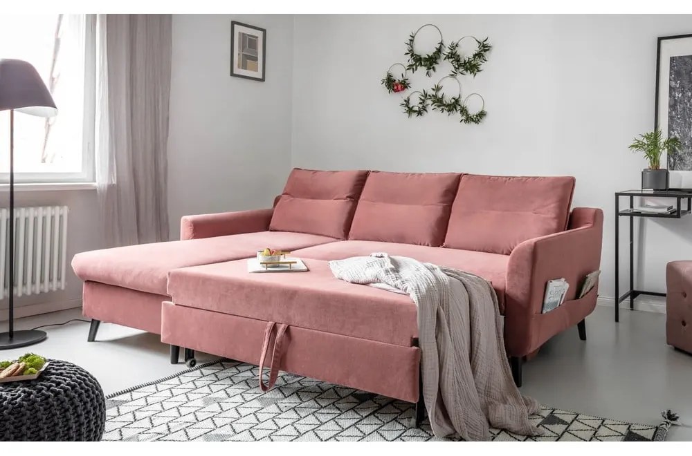 Ružová zamatová rozkladacia rohová pohovka Miuform Stylish Stan, ľavý roh