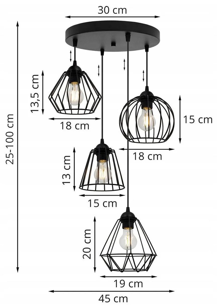Závesné svietidlo NUVOLA, 4x čierne drôtené tienidlo (mix 4 tvarov tienidla), O