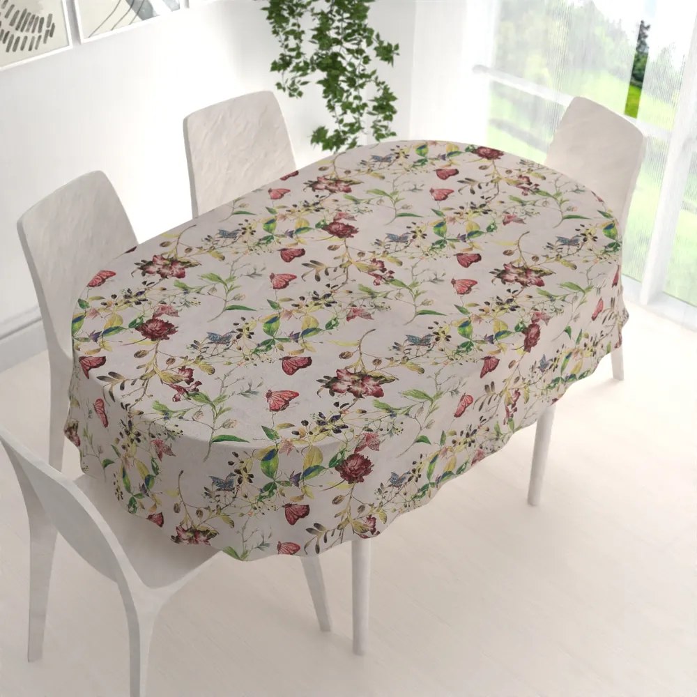 Biante Dekoračný oválny obrus PML-083 Kvety a motýle na béžovom 50x100 cm