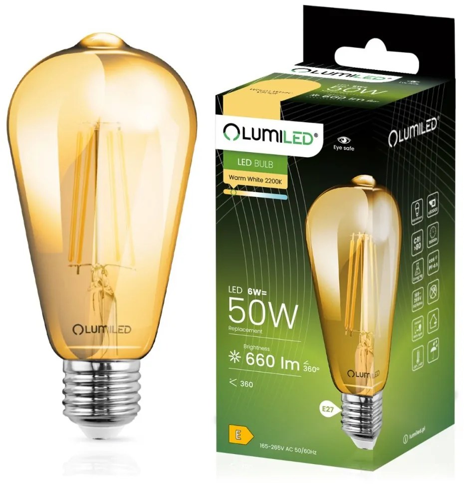 LED žiarovka E27 ST64 6W = 50W 660lm 2200K Warm 360° Filament LUMILED