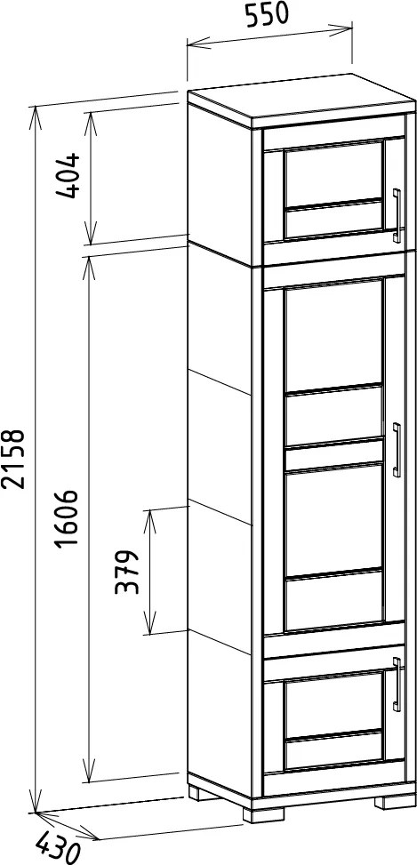 Úzka vysoká jednokrídlová policová šatníková skriňa, 55x43x216 cm Otváranie vľavo