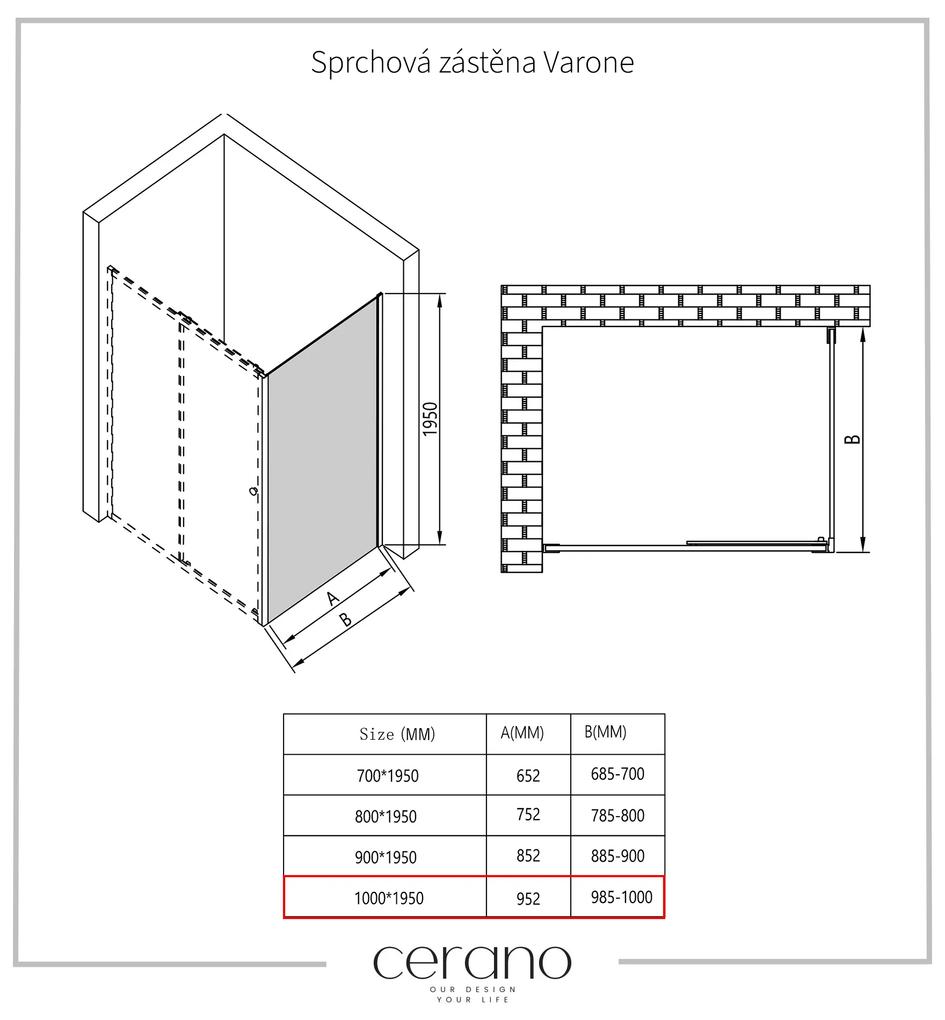 Cerano Varone, sprchovací kút s posuvnými dverami 120 (dvere) x 100 (stena) x 195 cm, 6mm číre sklo, chrómový profil, CER-CER-DY505-120100