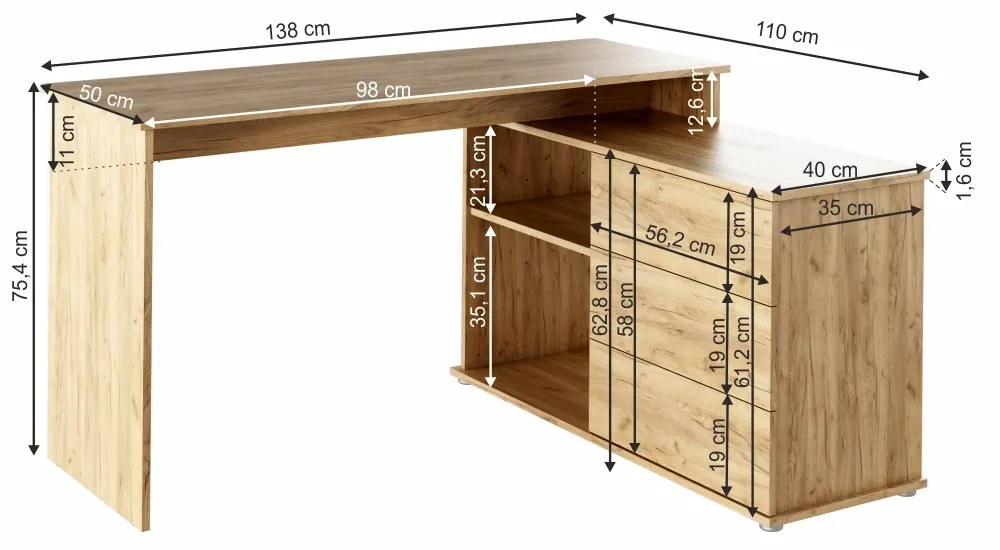Univerzálny rohový PC stôl Terino L/P - dub artisan