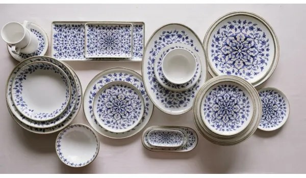 Sada jedálenského riadu 18 ks, biela/modrá, porcelán