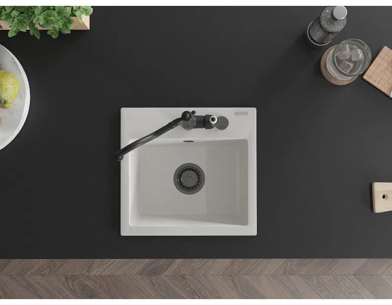 Mexen Milo, granitový drez 435x410x171 mm, 1-komorový a drezová batéria Carla, biela, 6505-20-670700-70