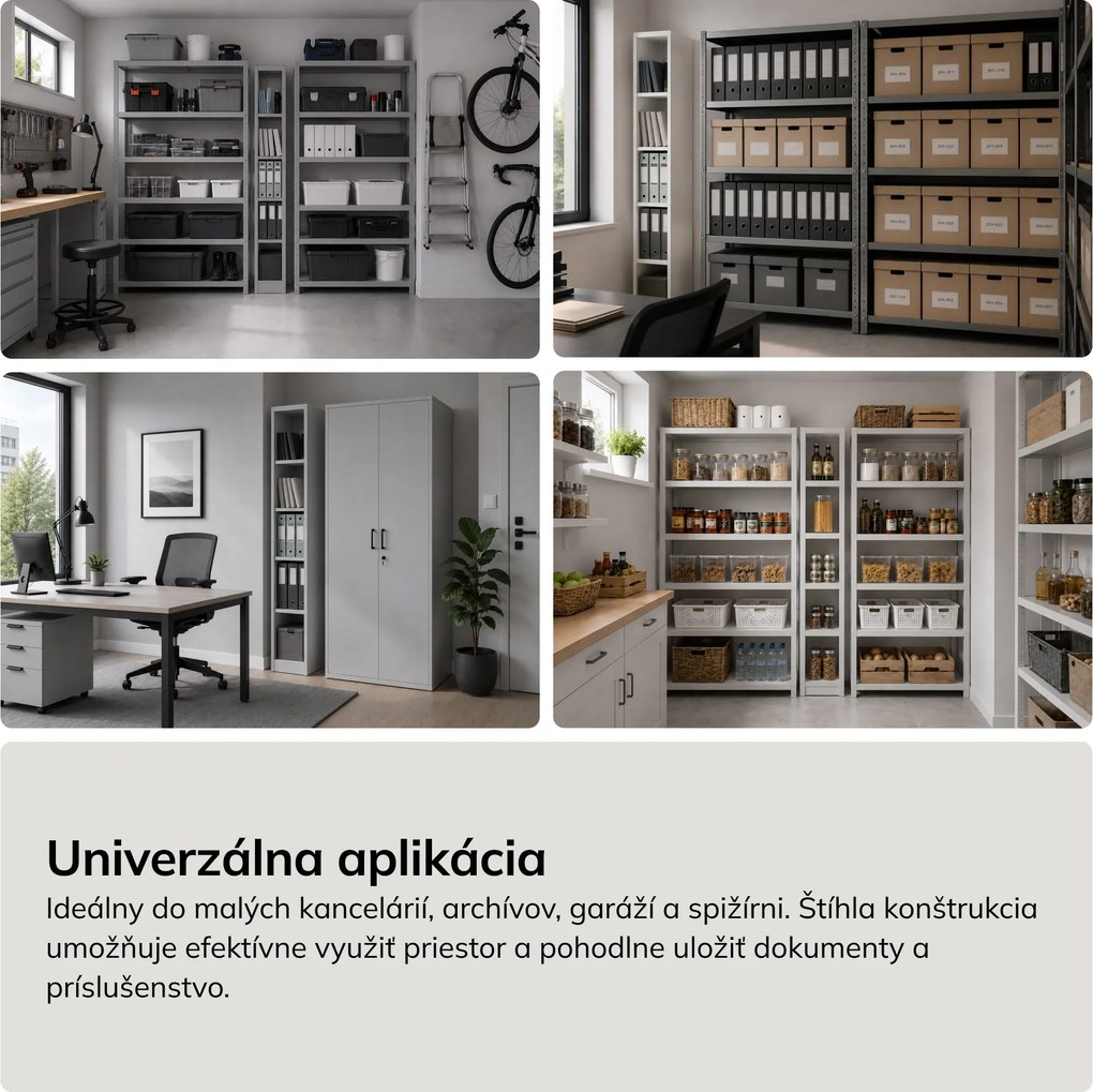 Úzky kovový archivačný regál na dokumenty sivý, 250x1950x450 mm: TIM