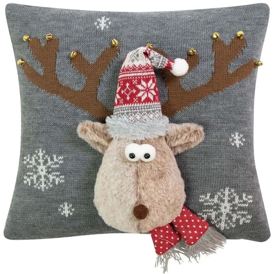 Šedý vianočný dekoračný vankúš sob Rudolf - 40*40*7cm