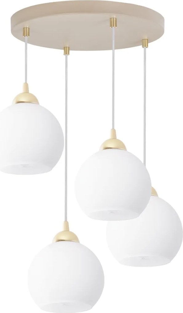 Závesné svietidlo Eliza, 4x biele sklenené tienidlo, g/be, o