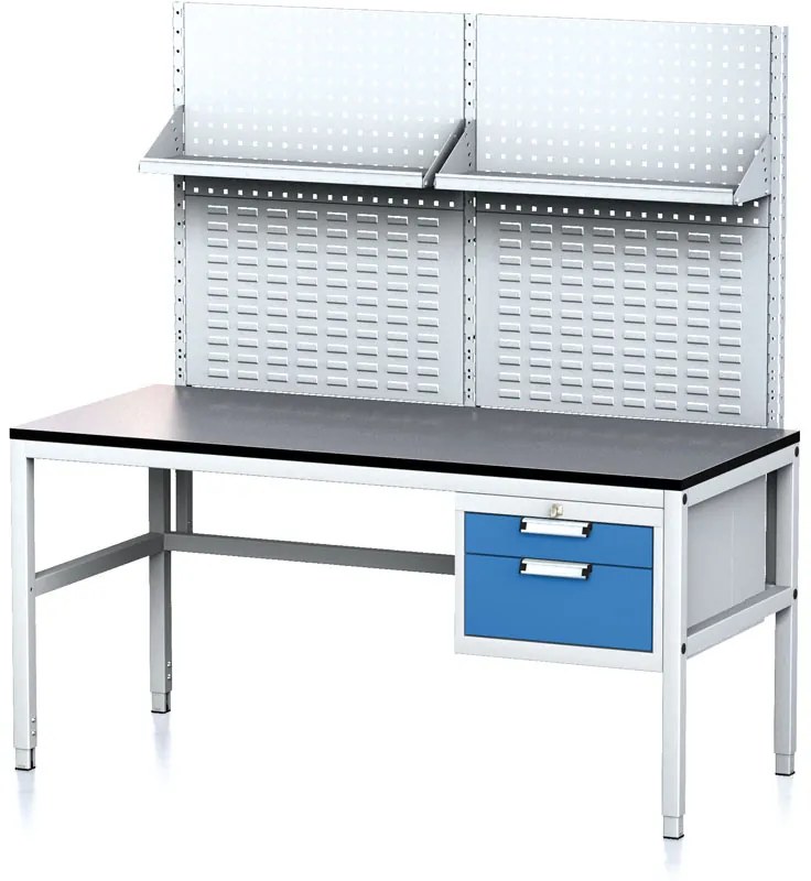 Alfa 3 Nastaviteľný dielenský stôl MECHANIC II s perfopanelom a policami, 2 zásuvkový box na náradie, 1600x700x745-985 mm, sivá/modrá