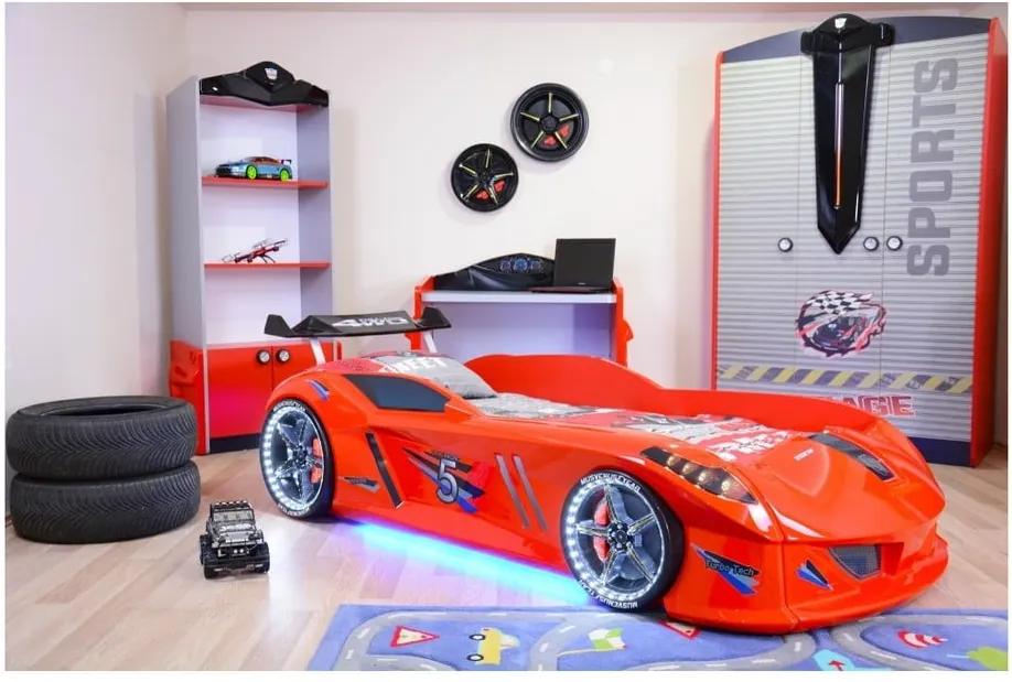 Červená detská posteľ v tvare auta s LED svetlami Speedy, 90 × 190 cm