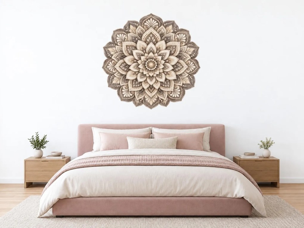Sivobéžová kvetinová mandala upokojujúca textilná znovu prilepiteľná nálepka na stenu arch 46 x 46 cm