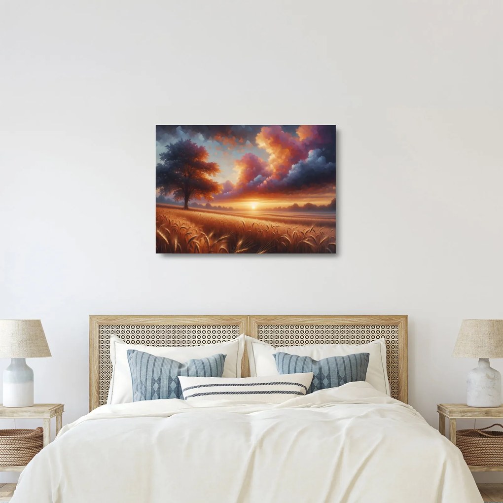 Sklenený obraz – Západ slnka na poli (70x50 cm)