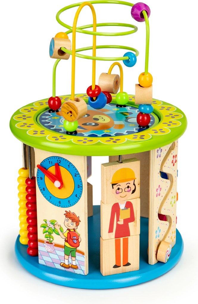Drevená edukačná kocka ECOTOYS – motorická hračka s labyrintom, lovenie rýb a kockami