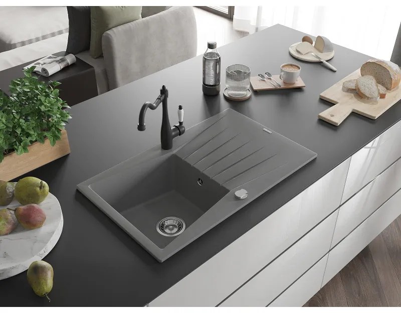 Mexen Cesar, 1-komorový granitový drez 775x470x190 mm a drezová batéria Carla, šedá, 6514-71-670700-70