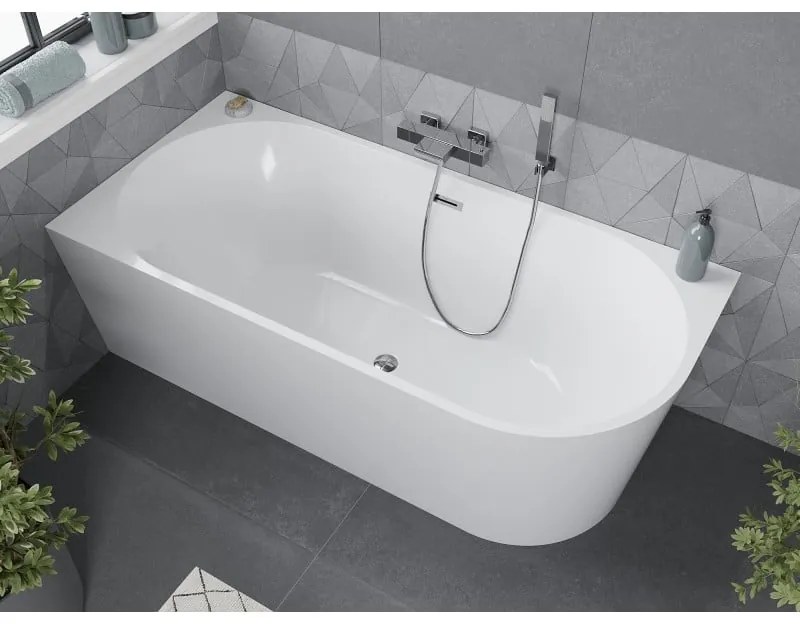 Mexen Mia, voľne stojaca rohová vaňa, lavá, 150 x 75 cm, biela, chrómový prepad, 52691507500L-01