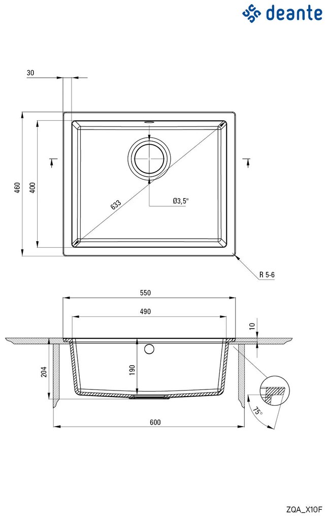 Deante Corda Flush, granitový drez na dosku 550x460x204 mm, 3,5" + priestorovo úsporný sifón, 1-komorový, antracitová metalíza, ZQA_T10F