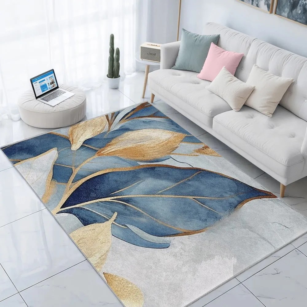 Prateľný behúň v modrej a zlatej farbe 80x200 cm Golden Leaves – Mila Home