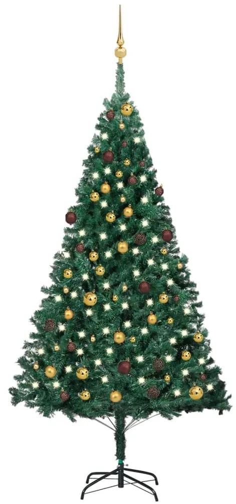 Umelý vianočný stromček s LED a súpravou gulí 210 cm zelený PVC 3077537