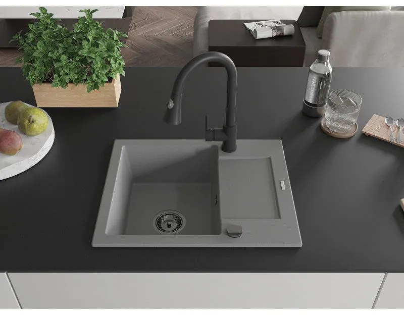Mexen Enzo, 1-komorový granitový drez 576x465x174 mm a drezová batéria Elia, šedá, 6506-71-670101-70-B