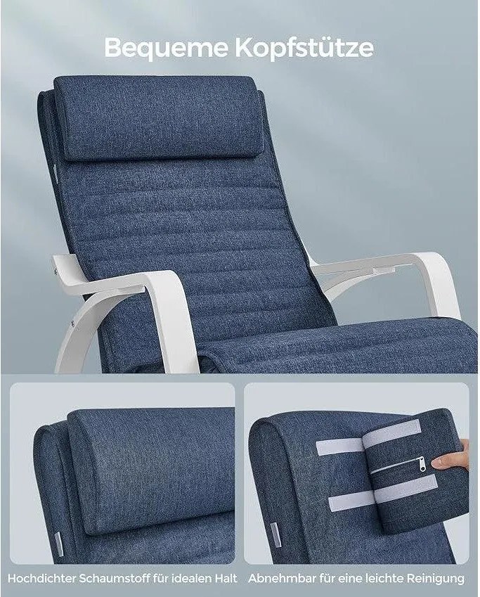 Hojdacie kreslo s podrúčkami z brezového dreva, 5-smerovo nastaviteľná opierka nôh, modrá