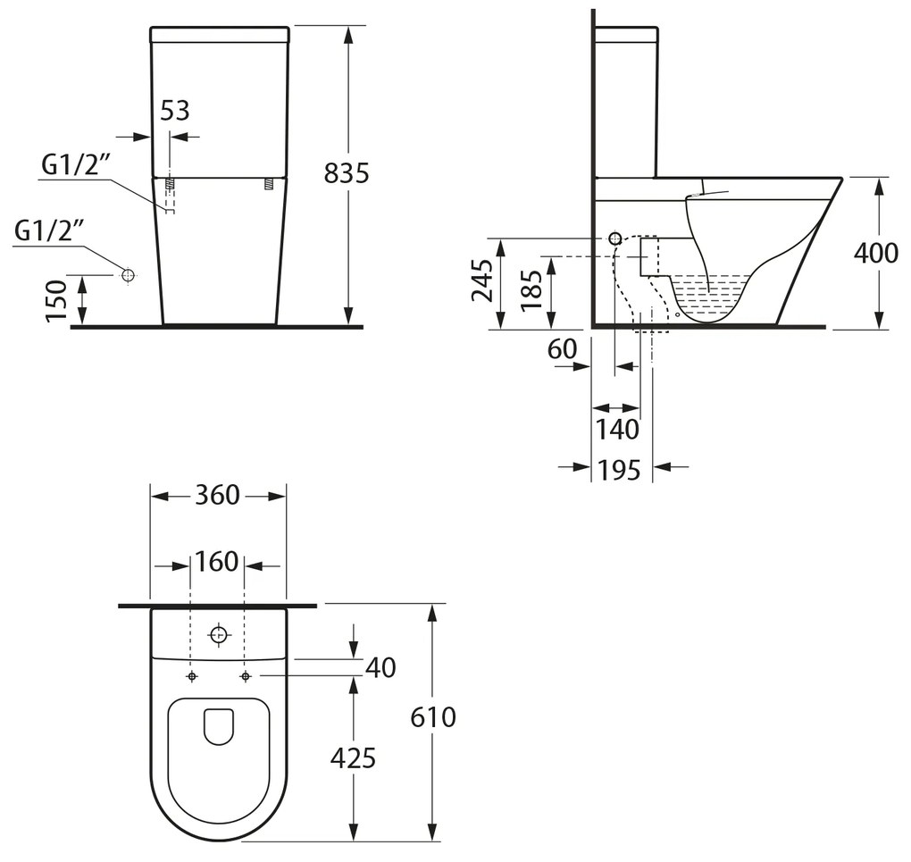 Bruckner Bruckner, DARIO RIMLESS WC kombi misa s nádržkou, spodný/zadný odpad, biela, 201.428.4