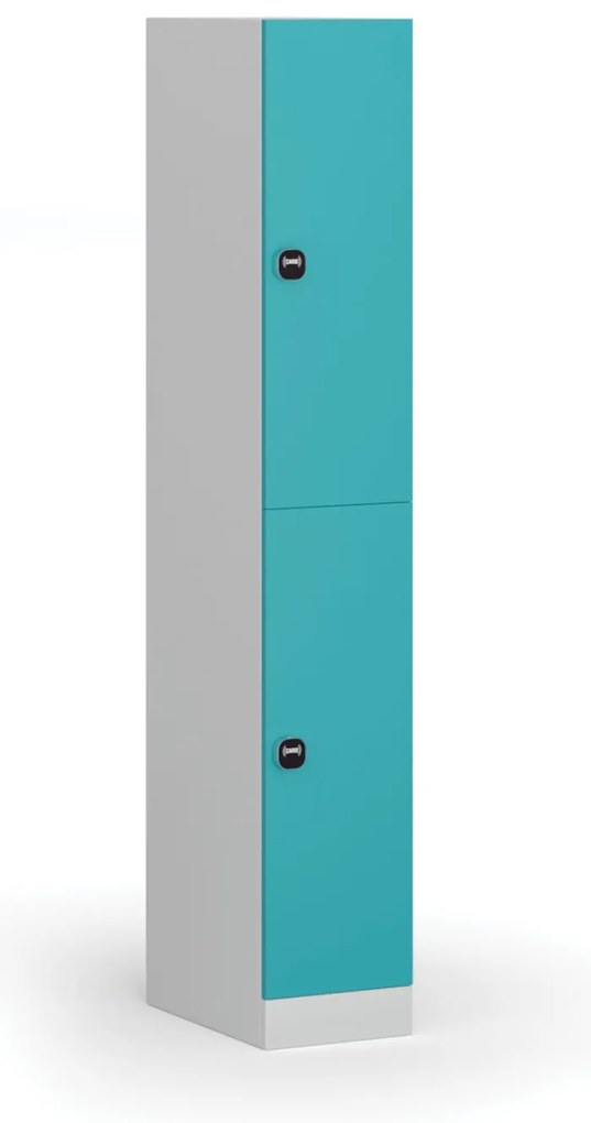 Šatníková skrinka S1 s úložnými boxmi, 2 boxy, 1850 x 300 x 500 mm, zámok s čítačkou RFID kariet, zelené dvere