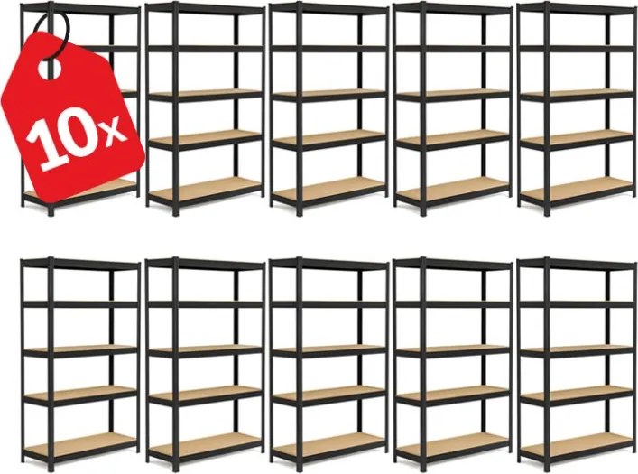 Akcia 10x Regál 200x100x30 cm lakovaný 5-policový, nosnosť 875 kg - čierny