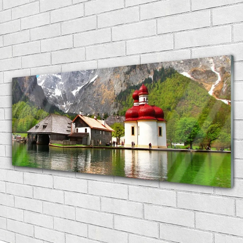 Obraz na akrylátovom skle Hora strom dom krajina 125x50 cm