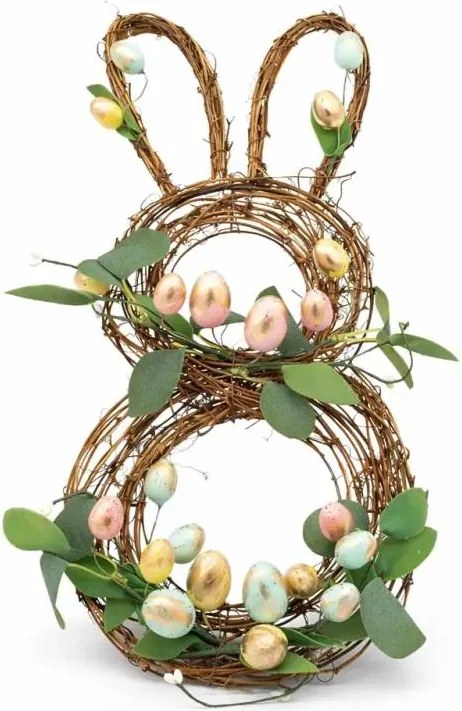 DECOLED Velikonoční zajíc dekorace, proutěný, 48 × 30 cm, zdobený vajíčky, venkovní