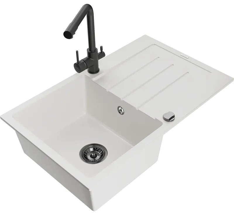Mexen Bruno, 1-komorový granitový drez s odkvapkávačom 795x495x200 mm a čierna batéria Duero, biela, 6513-20-671600-70