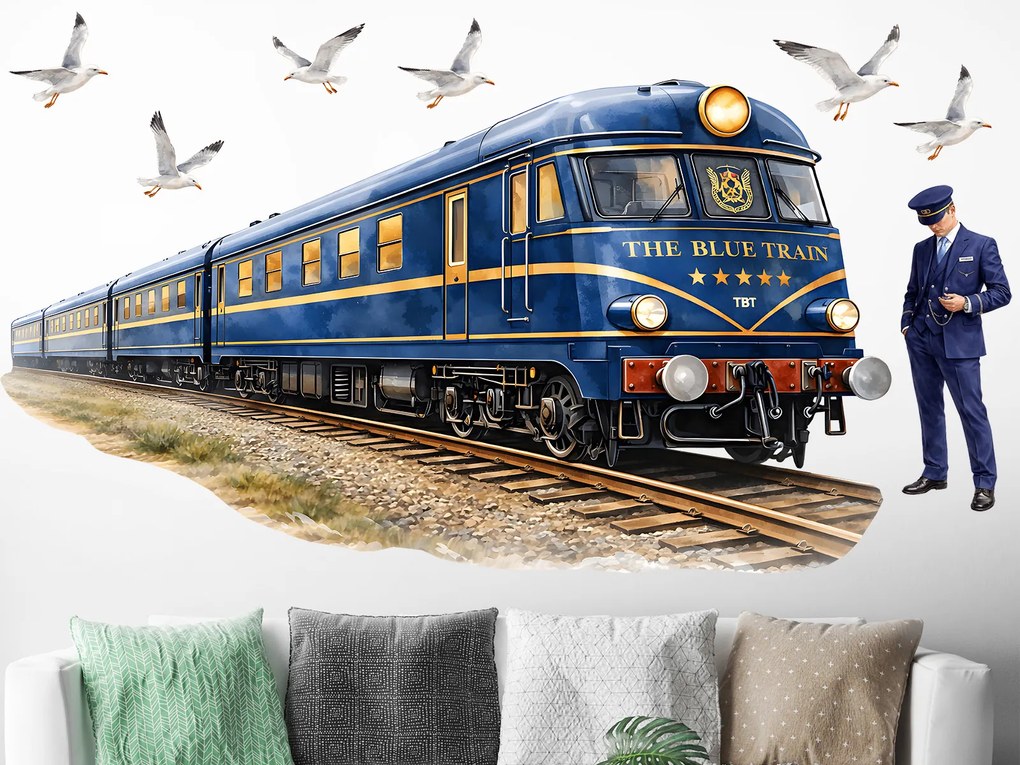 Vlak The blue train textilní prelepiteľná nálepka na stenu hárok 75 x 42 cm