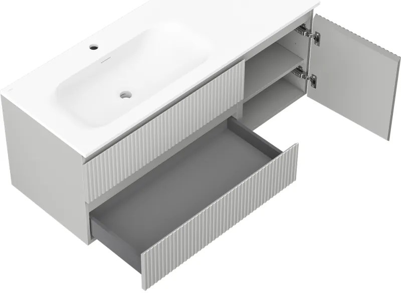 Mexen Rivel, kúpeľňová skrinka 120 cm s umývadlom Vela vľavo, 2S, 1D, drážkovaná, sivá matná/biela matná - 91A23-12047-3-BBFFF62-W23L01