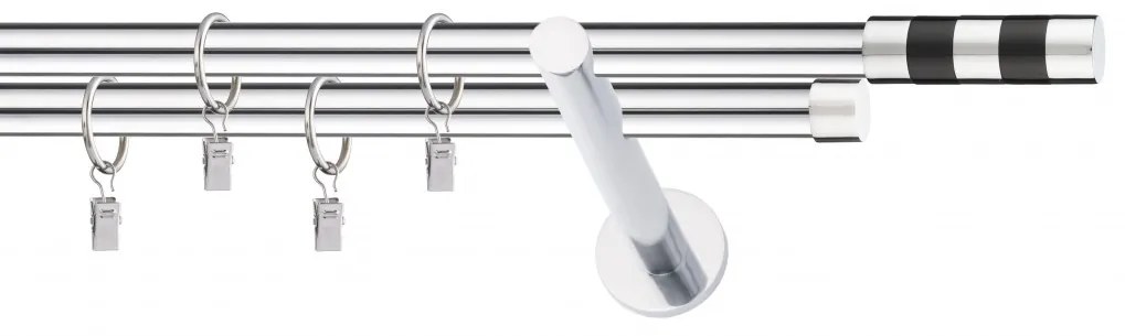Dekorstudio Chrómová dvojradová garniža čierny VALEC 19mm Dĺžka: 320cm, Typ uchytenia: Držiak dvojitý modern, Typ príslušenstva: Krúžky tiché so štipcami