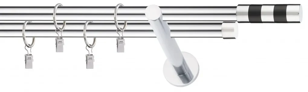 Dekorstudio Chrómová dvojradová garniža čierny VALEC 19mm Dĺžka: 420cm, Typ uchytenia: Držiak dvojitý modern, Typ príslušenstva: Krúžky tiché so štipcami