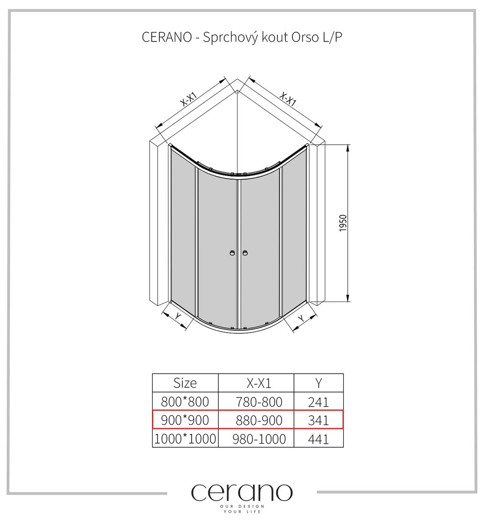 Cerano Orso, rohový sprchovací kút s posuvnými dverami 90x90x195 cm, 6mm číre sklo, chrómový profil, CER-CER-476855