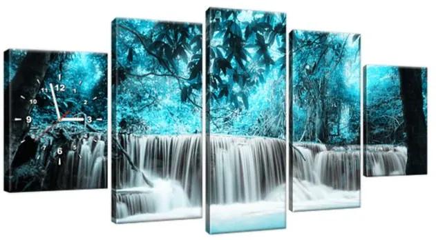 Obraz s hodinami Vodopád v modrej džungli 150x70cm ZP2551A_5B