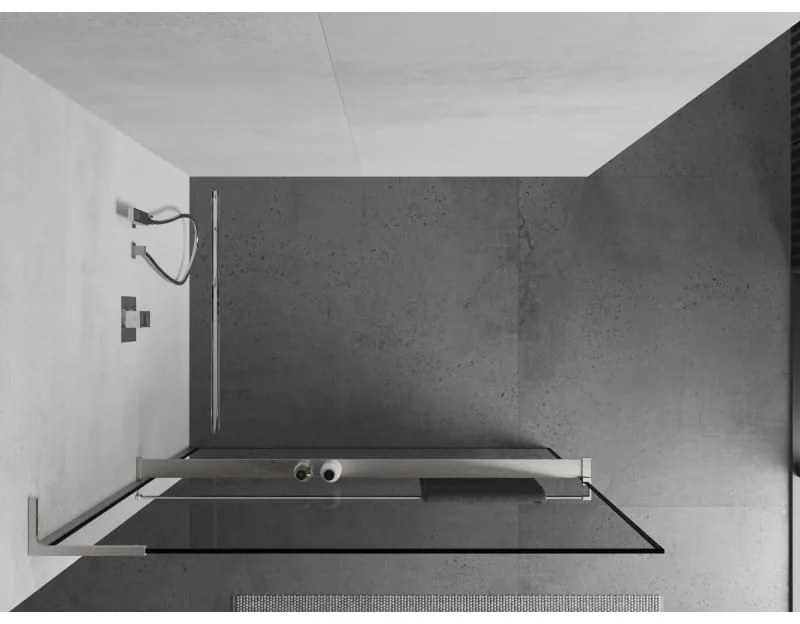 Mexen Kioto+ L, sprchová zástena Walk-In s poličkou a vešiakom 100 x 200 cm, 8mm číre sklo čierny vzor, brúsená oceľ profil, 800-100-123-97-70
