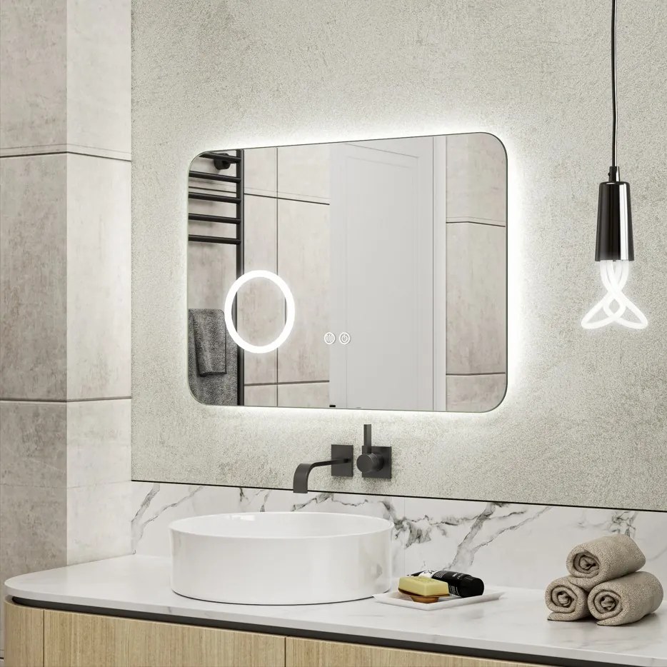 Erga Myra, LED zrkadlo 70x50 cm s kozmetickým zrkadlom 3x zväčšenie, 2662 lm, 3 farby svetla, zadné osvetlenie, ERG-V01-MYRA-7050-00