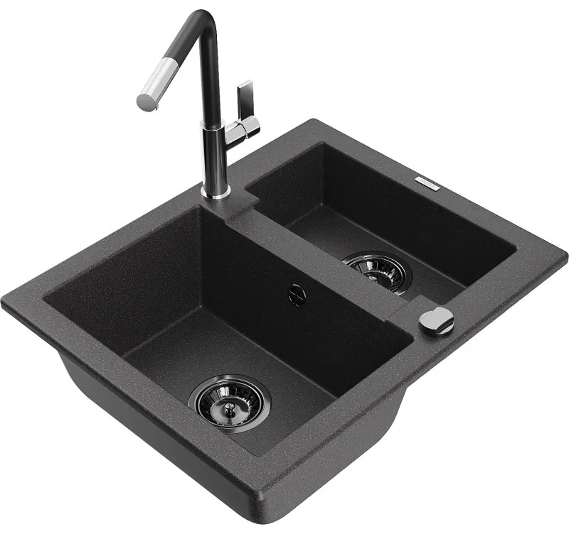 Mexen Carlos, 1,5-komorový granitový drez 582x475x177 mm a drezová batéria Flora, čierna škvrnitá, 6518-76-670401-07-B