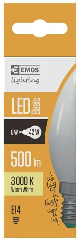 EMOS LED žiarovka, E14, sviečka, 6W, 500lm, 3000K, teplá biela