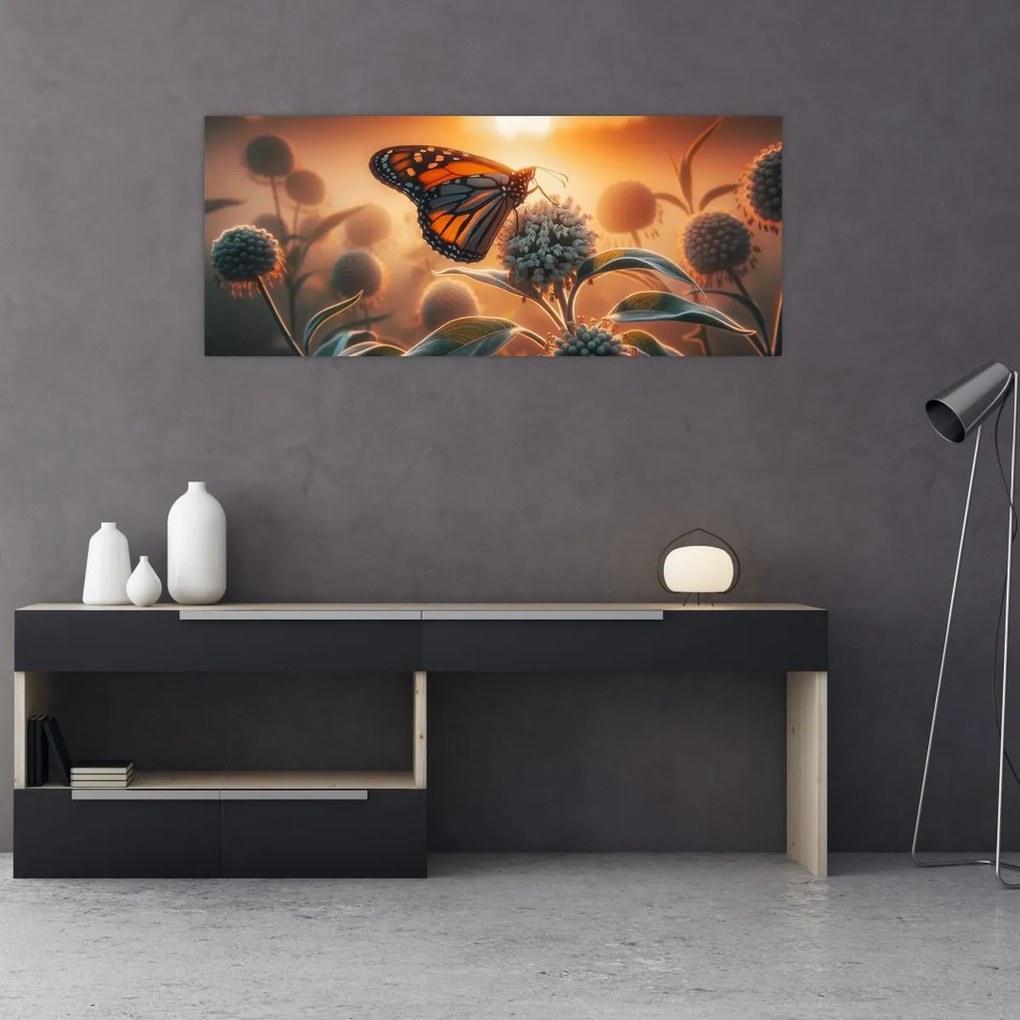 Obraz – Motýľ v zapadajúcom slnku (120x50 cm)