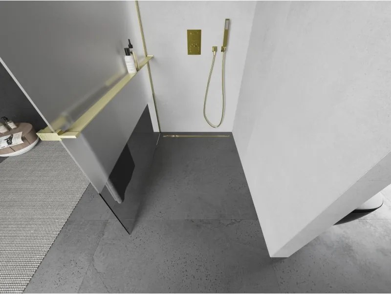 Mexen Kioto+ L, sprchová zástena Walk-In s poličkou a vešiakom 100 x 200 cm, 8mm číre sklo-námraza, zlatý matný profil, 800-100-123-55-35