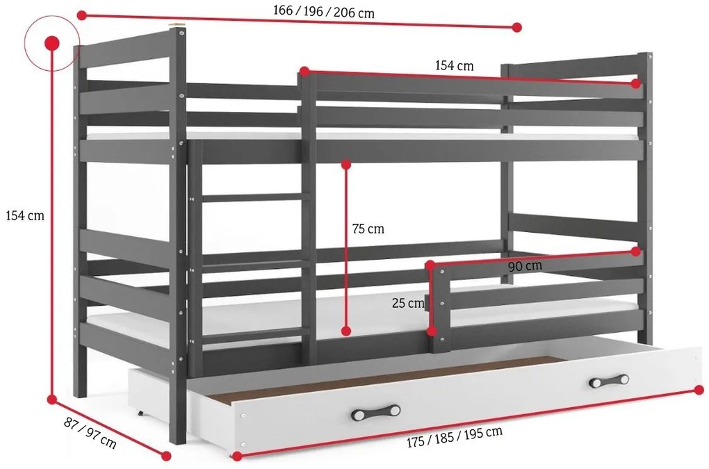 Detská poschodová posteľ RAFAL 2 + úložný priestor + matrac + rošt ZADARMO - sivá / borovica / 90x200