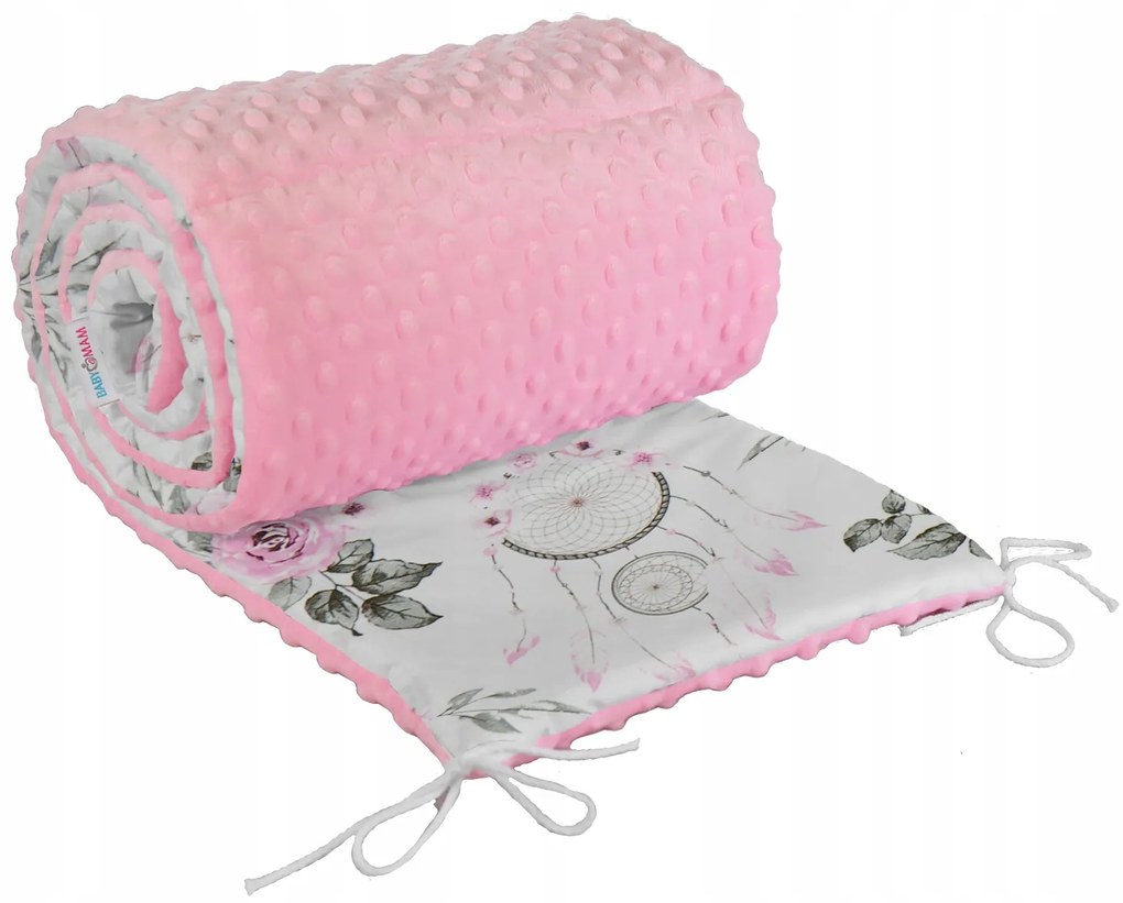 Ochranný mantinel do postieľky 180x30 cm BABYMAM PREMIUM - Lapače snov a kvety s ružovou Minky