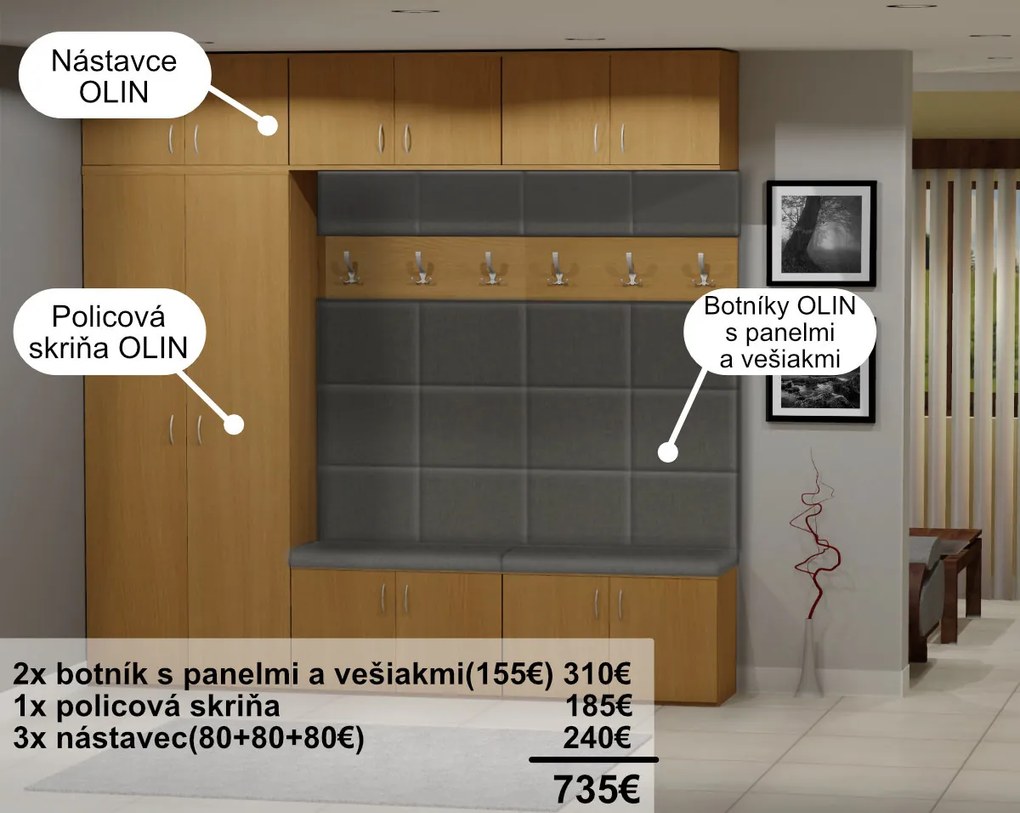 Nabytekmorava predsieňová zostava OLIN dekor lamina: DUB SONOMA SVETLÝ, farebné čalúnenie: Savana šedá, predsieňový diel + farebné prevedenie: Botník s panelmi a vešiakom a nadstavec