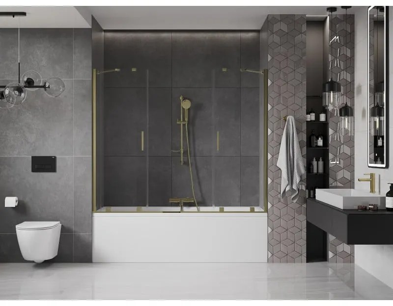 Mexen Velar Duo, 2-krídlová posuvná vaňová zástena 200 x 150 cm, 8mm číre sklo, zlatý lesklý profil, 896-200-000-02-50