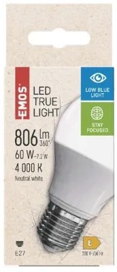 EMOS LED žiarovka True Light, E27, 7,2 W, 806lm, neutrálna biela